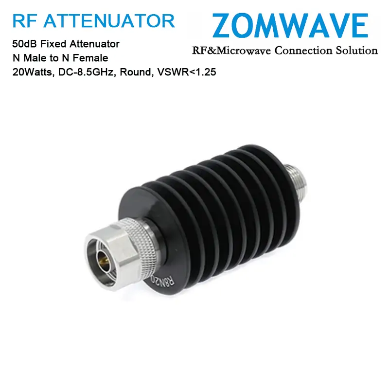 50dB Fixed Attenuator, N Male to N Female, 20Watts, DC-8.5GHz, Round, VSWR1.25